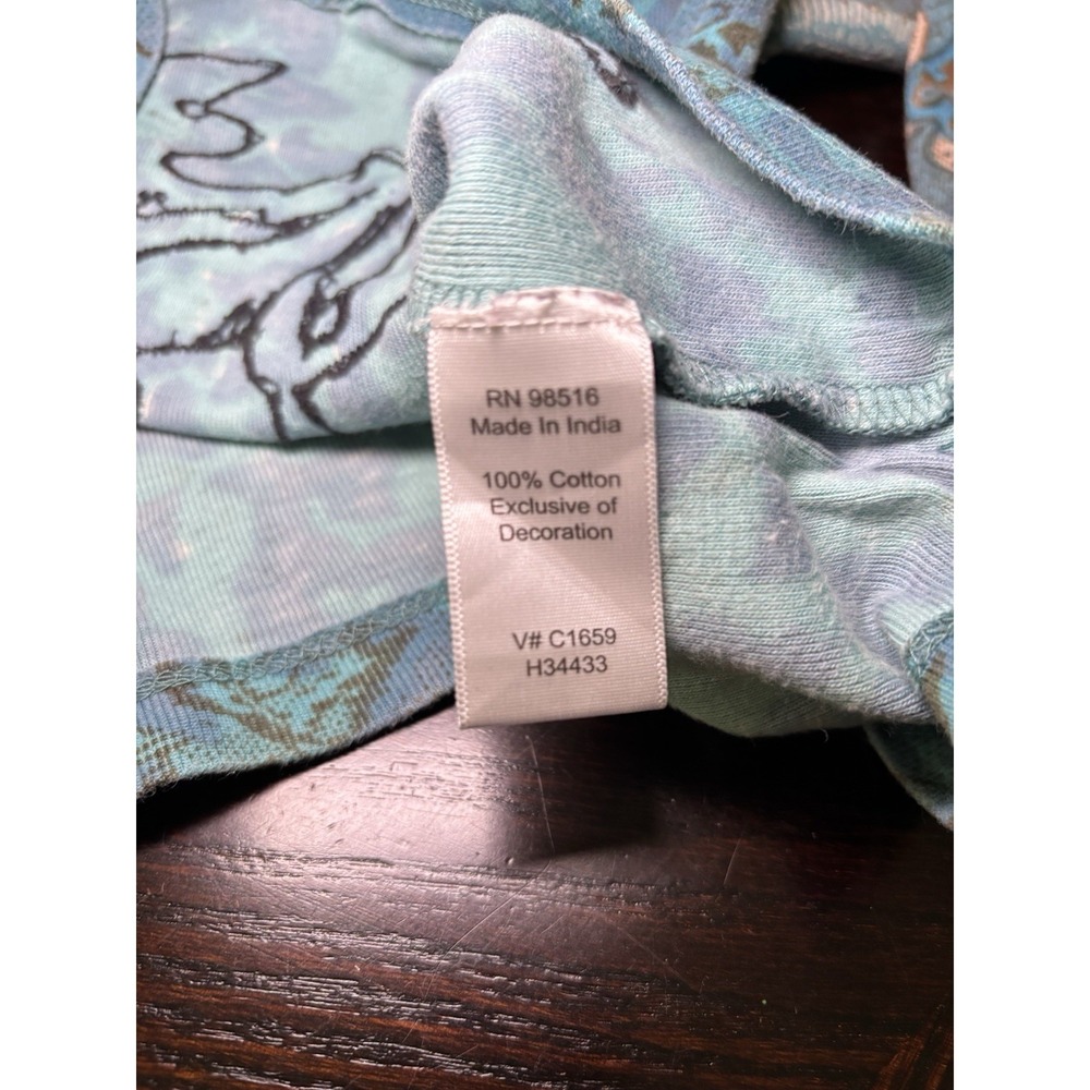 Vintage Grunge Y2K Textured Patchwork Lace Print 3/4 Sleeve Top Teal Tan M - Picture 8 of 12